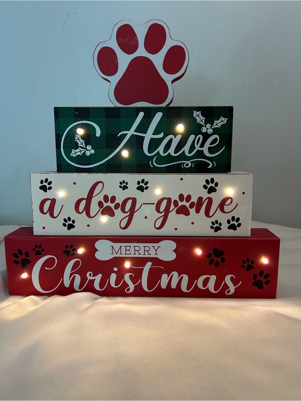 Glitzhome Lighted Wooden dog Block Christmas Sign decor Merry Christmas